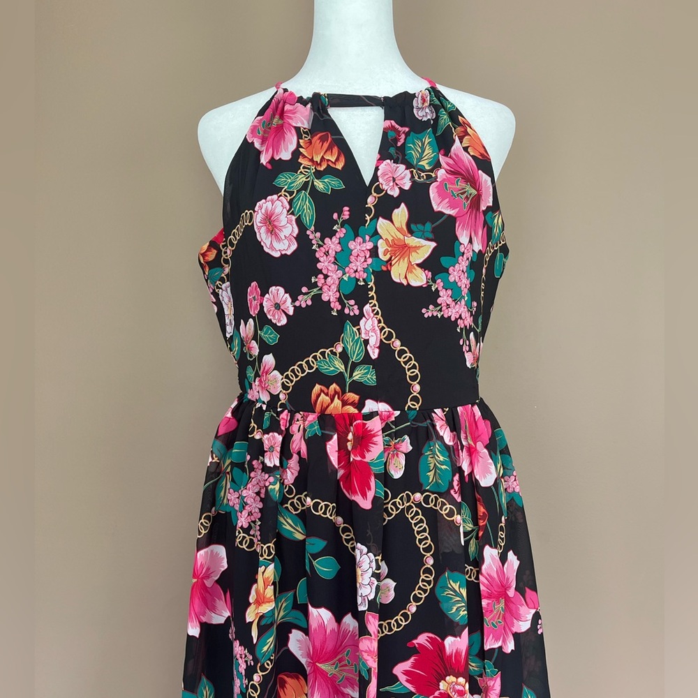 {Nicole Miller} Floral & Chain Maxi Dress Sleeveless in Black - Women's 6 - Picture 3 of 11